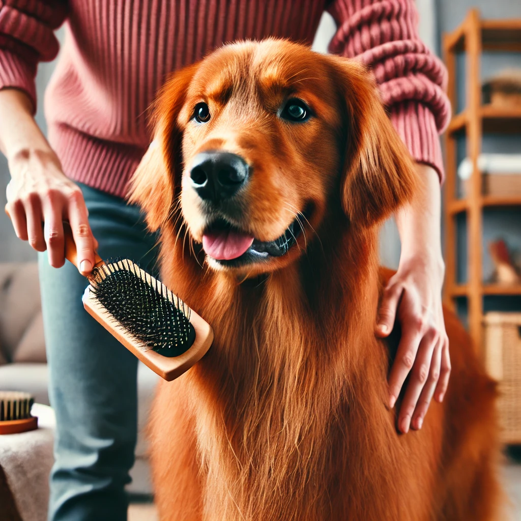 A close-up of a red golden retriever being groomed by its owner