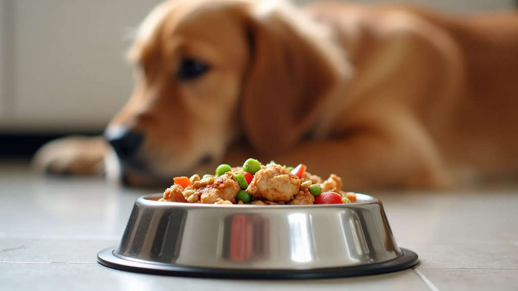 A close-up of a red golden retriever’s food bowl filled with a balanced meal