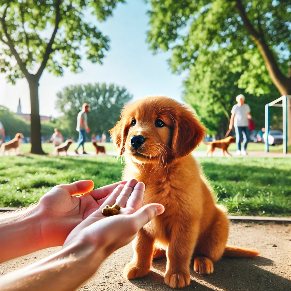 A cute red golden retriever puppy in an outdoor park setting, learning commands from its owner.