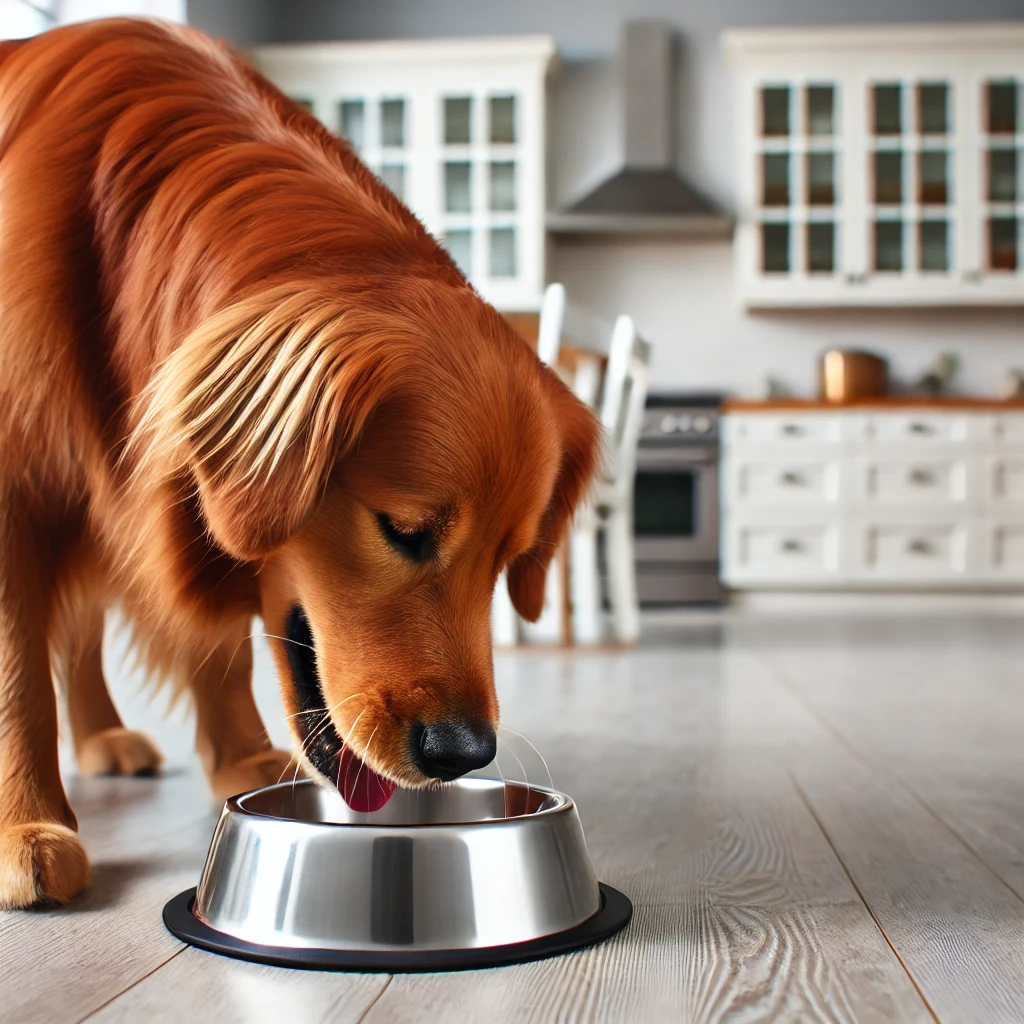 A healthy red golden retriever happily eating from a stainless steel bowl placed on a kitchen floor