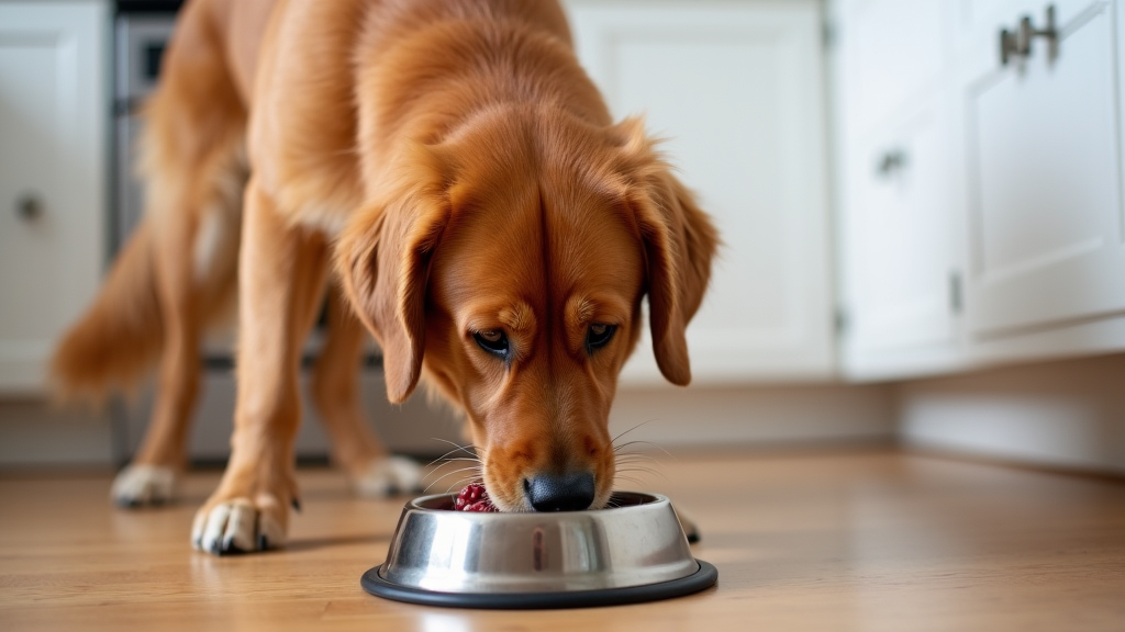 A red golden retriever eating happily from a stainless steel bowl on a hardwood kitchen floor