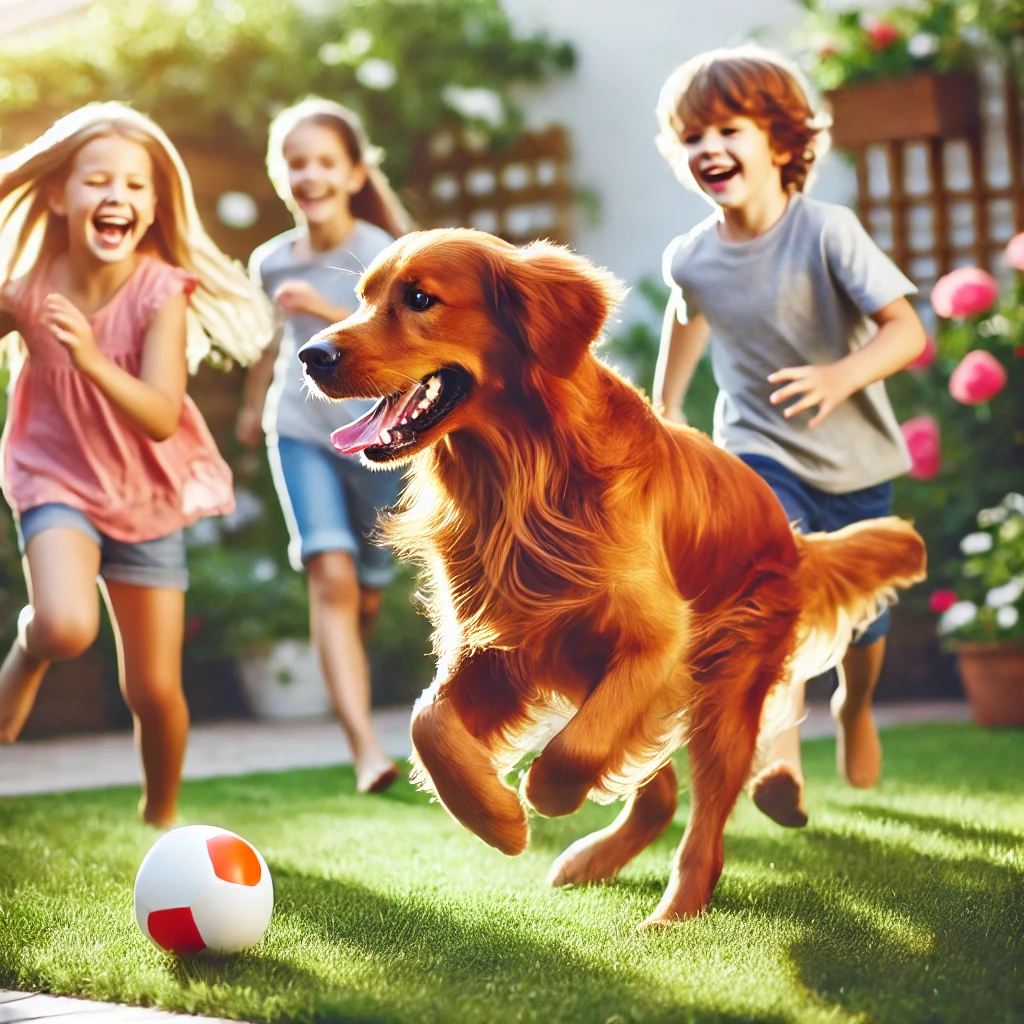 A red golden retriever running around a backyard, playfully chasing children