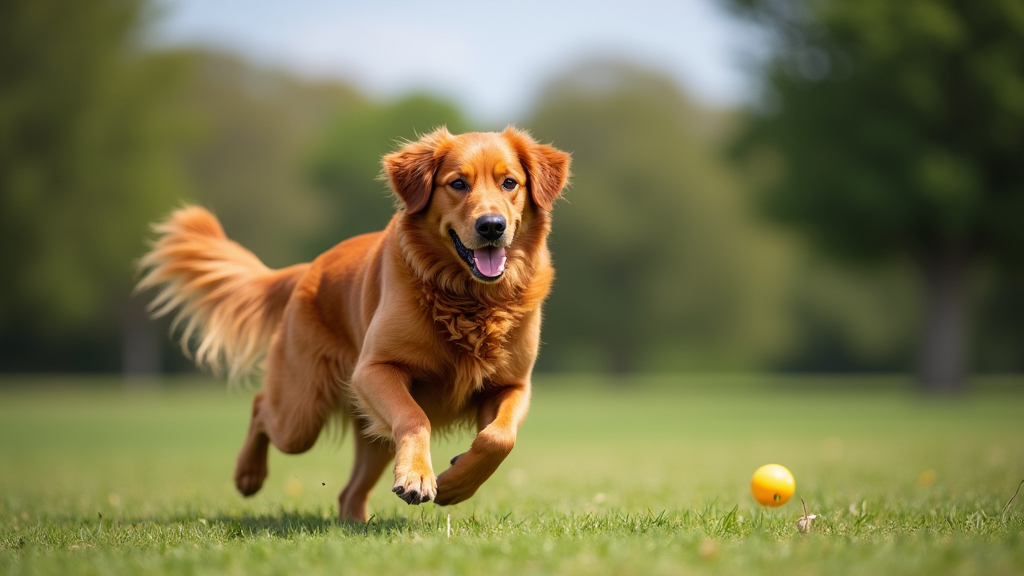 A red golden retriever running joyfully across a park field, chasing a bright yellow ball.