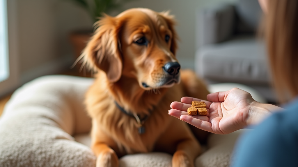 A red golden retriever sitting comfortably on a soft dog bed