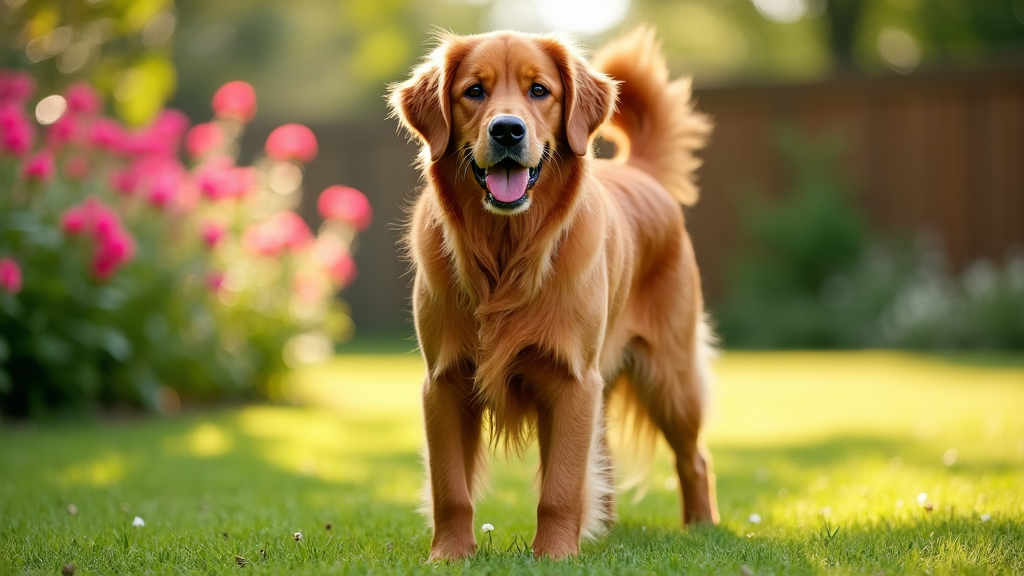 A vibrant red golden retriever standing in a grassy backyard