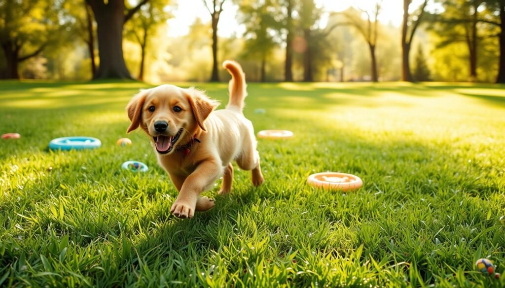 red golden retriever puppy playing