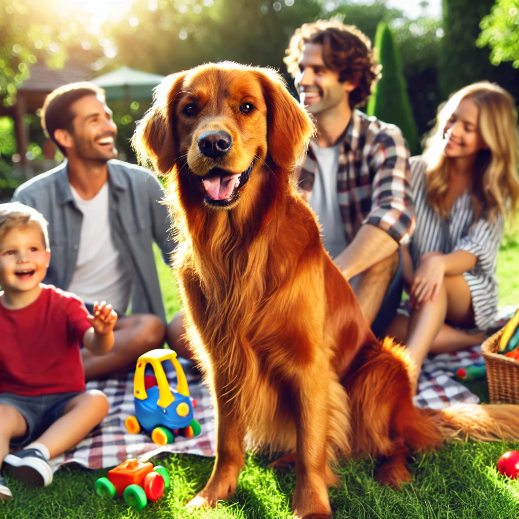 red golden retriever sitting with family